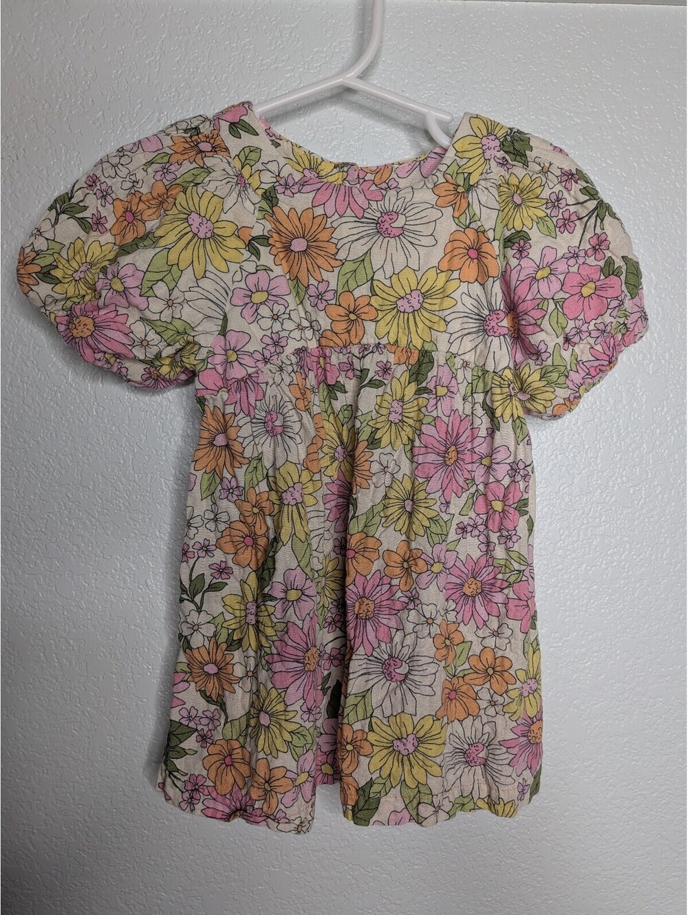 ZARA girls Floral Puff Sleeve Dress Pink Yellow Orange Size 12-18 Months